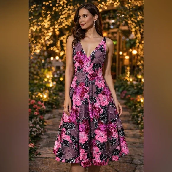 Dress The Population Floral Sequin Embroidered Embellished Midi Dress NWT S